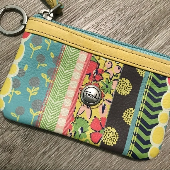 Fossil Keychain Zip ID Case Card Holder Wristlet Colorful Pattern Blue Yellow - Picture 2 of 7
